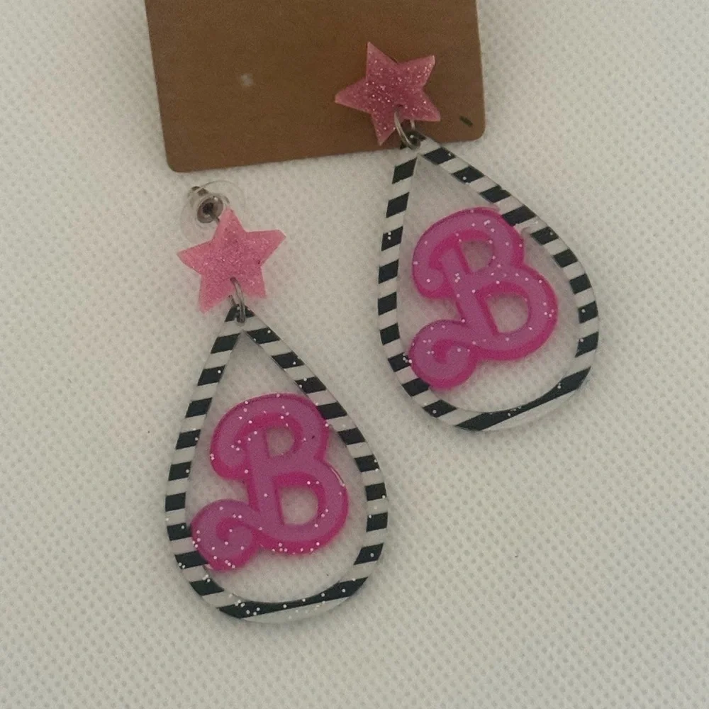 Glitter Acrylic Barbie B Earrings โ Pink Star & Striped Teardrop Dangle โ NWT - Picture 1 of 6